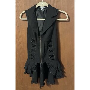 Spin Doctor Goth Steampunk Sleeveless Zip Up Long In Back Lace Tie Shirt Sz S A2